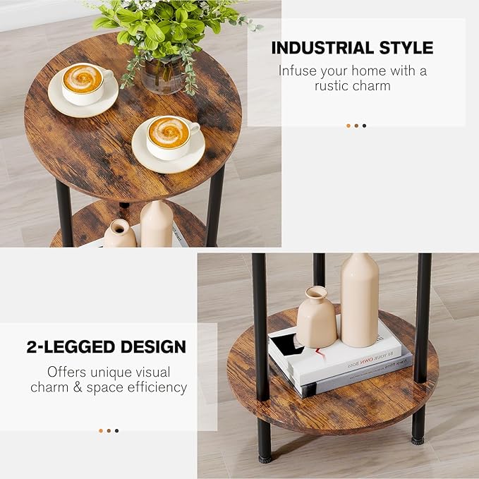Round Side Table Set of 2, 2-Tier End Table, Small Round Nightstands with Storage Shelf, Modern Accent/Coffee/Bedside Table for Living Room, Bedroom-Brown