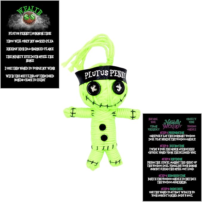 Naturally Wicked Voodoo Wealth Candle Set - Inc. Voodoo Doll, Crystal, Wood Wick, Cashflow Cocktail Scent & Gift Box