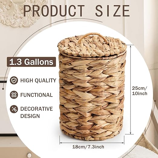 Ctosree 1.3 Gallons Small Wicker Trash Can with Lid Handle Woven Wicker Rattan Bathroom Waste Basket Boho Trash Basket with 100 Plastic Garbage Bags for Bedroom Office Laundry (Classic Style)