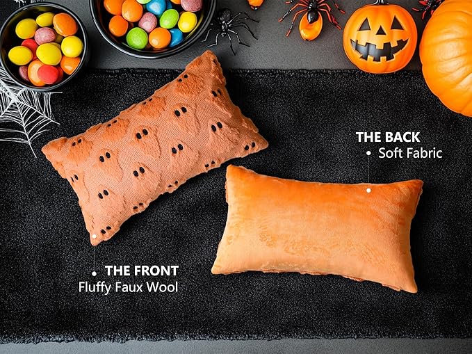 4TH Emotion Halloween Ghost Decorative Lumbar Pillow Covers 12x20 Set of 2, Orange Soft Plush Faux Fur Farmhouse Throw Cushion Cases for Fall Autumn Holiday Home Decorations