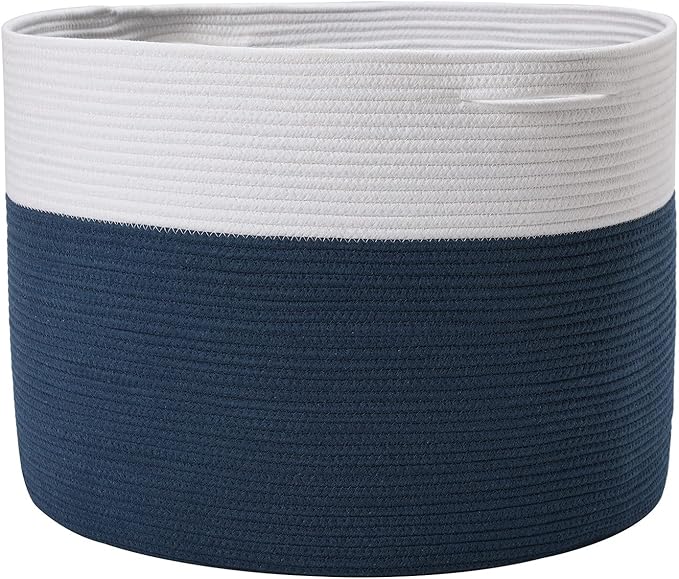 24" x 24" x 17" Max Size Large Cotton Rope Basket, Extra Large Storage Basket, Woven Laundry Hamper, Cloth Storage Bin, for Blankets Clothes Towels Pillows in Living Room, Dark Blue