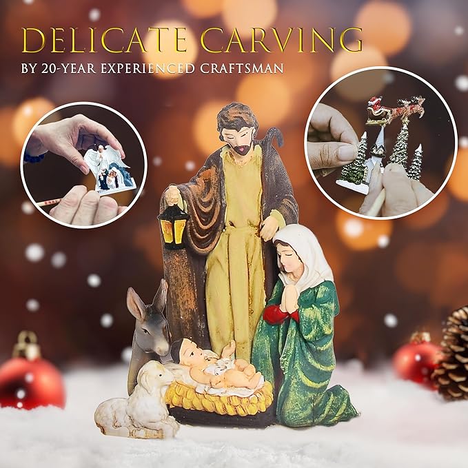 Christmas Snow Globes, 15.3" Nativity Glitter Water Lantern with Song, 6H Timer Battery & USB Powered Music Box for Christmas Decorations Indoor