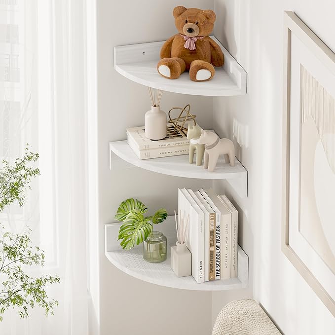 Alsonerbay White Corner Shelf Wall Mount, Set of 3 Floating Shelves for Storage and Display, Rustic Wood Shelves for Bedroom, Living Room, Bathroom, Entryway, Garage