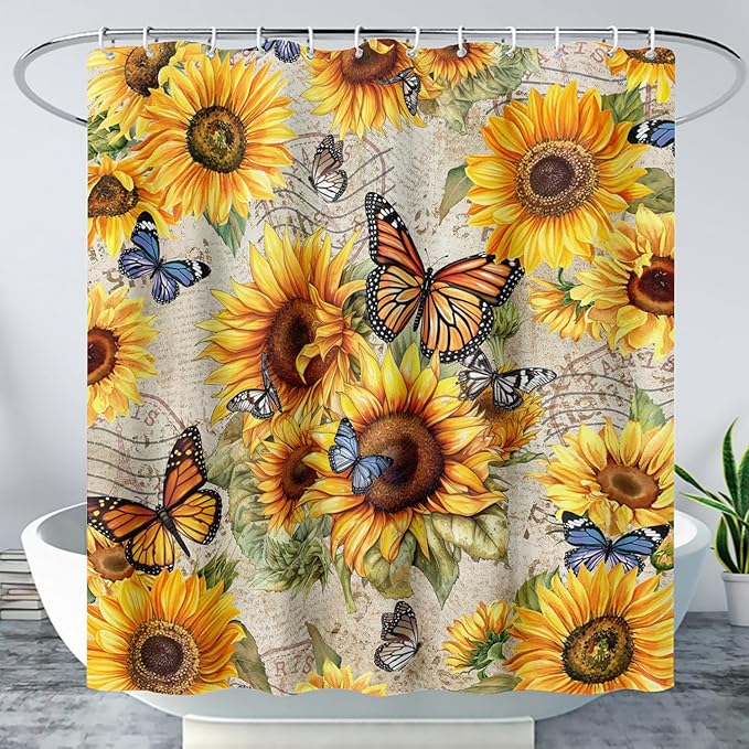 AILONEN Girls Sunflower Shower Curtain,Butterfly Sunflower Bath Curtain for Kids Women,Vintage Yellow Flower Decor Bathroom Curtain with 12 Plastic Hooks, 60" W x 72" H