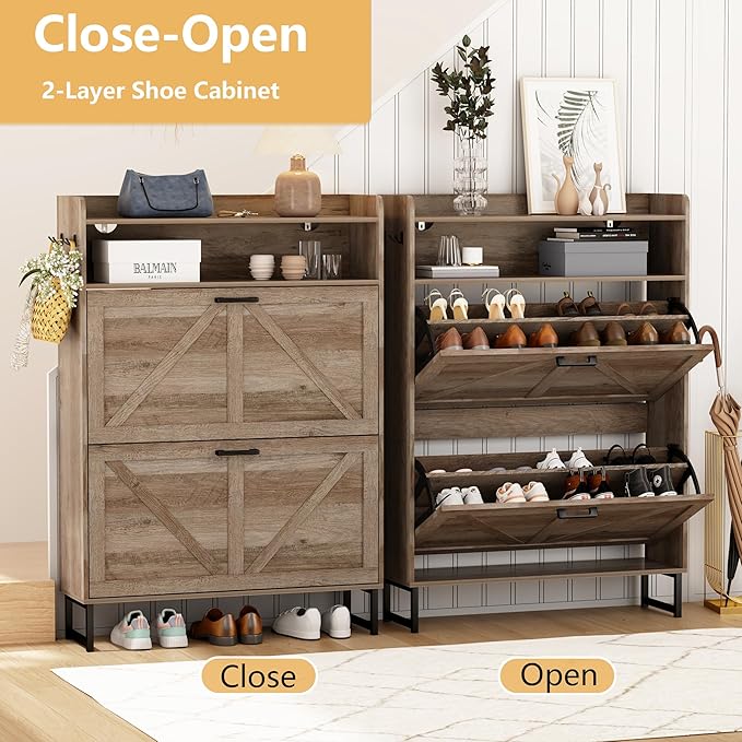 Shoe Cabinet with 2 Flip Drawers, Freestanding Hidden Shoe Storage Organizer for Entryway, Narrow Slim Shoe Rack Cabinet with Open Storage & Hooks for Front Door Entrance, Living Room, Hallway, Grey