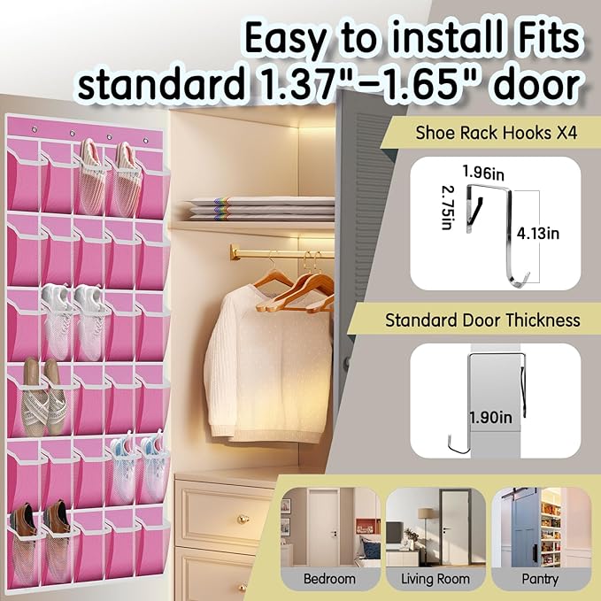 Over the Door Shoe Organizer with 30 Breathable Mesh Pockets - Large Capacity Closet Storage for Men & Women, Hanging Shoe Rack Organizer (Pink)