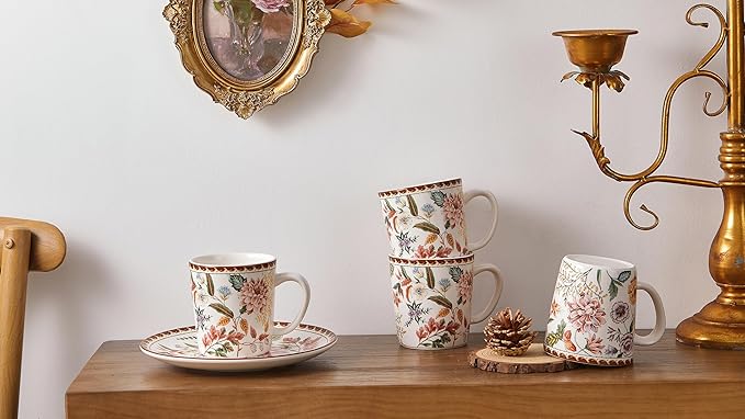 Bico Blooming Moment Ceramic Mugs, Set of 4, for Coffee, Tea, Drinks, Microwave & Dishwasher Safe