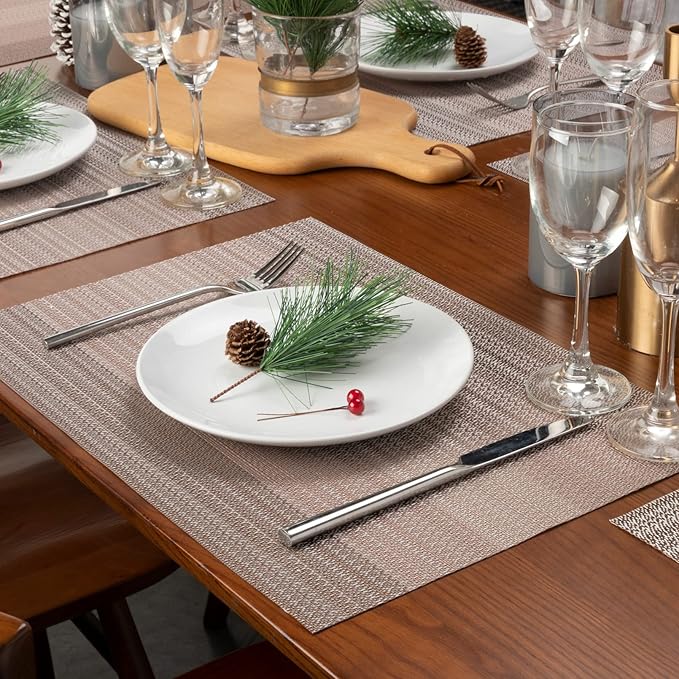 Winknowl Placemats, Set of 8 Heat Resistant Stain Resistant Woven Vinyl Insulation Placemats, Durable Washable Elegant Table Mats for Dining (Pink Gold)