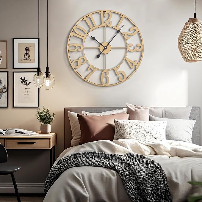 LEIKE 31 Inch Extra Large Wall Clock - Retro Decorative Oversized Farmhouse Arabic Numerals Silent Little Ticking Battery Operated Gold Metal Wall Clocks for Living Room,Office,Entrance Decor