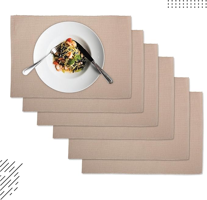 Encasa XO Dining Placemat Set of 6 | Solid Beige Color | Fine Ribbed Cotton Table mat | Size 19x13 in | Machine Washable