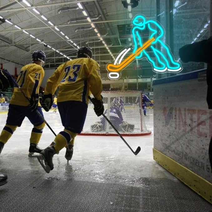 Ice Hockey Neon Sign for Wall Decor Sports Neon Sign for Man Cave Hockey Player LED Light for Garage Decor Dormitory Bar Club Shop Wall Great Birthday Gift for Men Size13.7 * 11.8inch(ZKXD194)