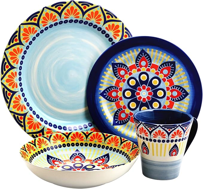 Elama Zen Blue Mozaik Multicolored Round Stoneware Mandala Pattern Dinnerware Set, 16 Piece