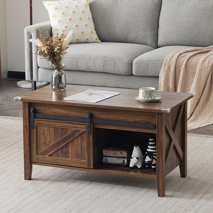 VINGLI Espresso Lift Top Coffee Table, 36" Small Farmhouse Barn Door Coffee Table with Storage, Rectangular Center Wood Coffe Table with Lifting Top, Lift Up Living Room Tables with Hidden Compartment