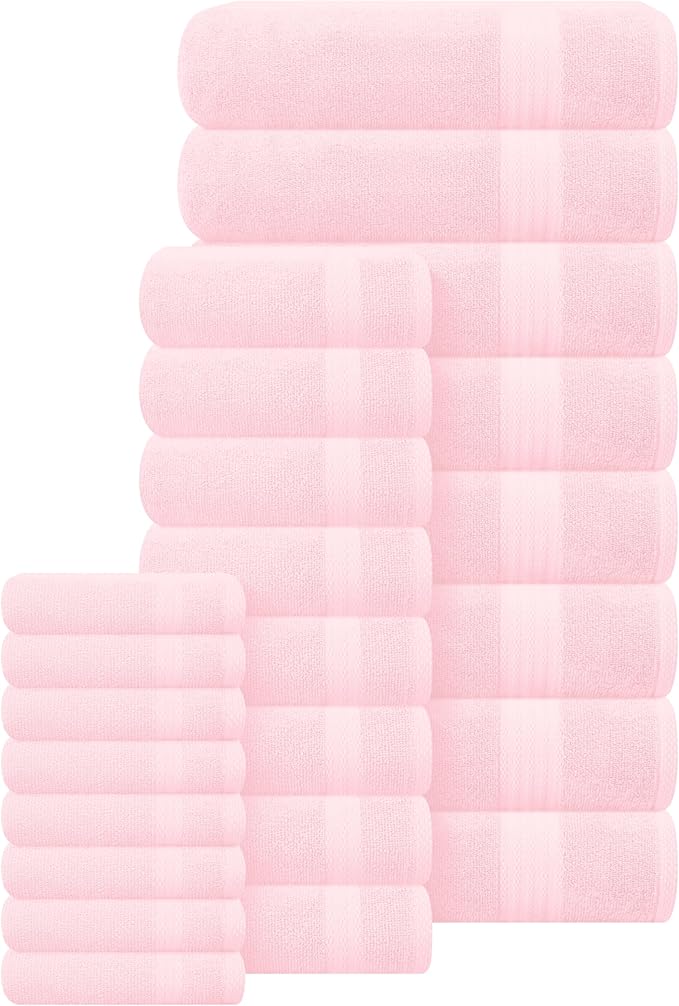 GLAMBURG Ultra Soft 24-Piece Towel Set - 100% Pure Ringspun Cotton, Contains 8 Oversized Bath Towels 27x54, 8 Hand Towels 16x28, 8 Wash Cloths 13x13 - Ideal for Everyday use, Hotel & Spa - Pink