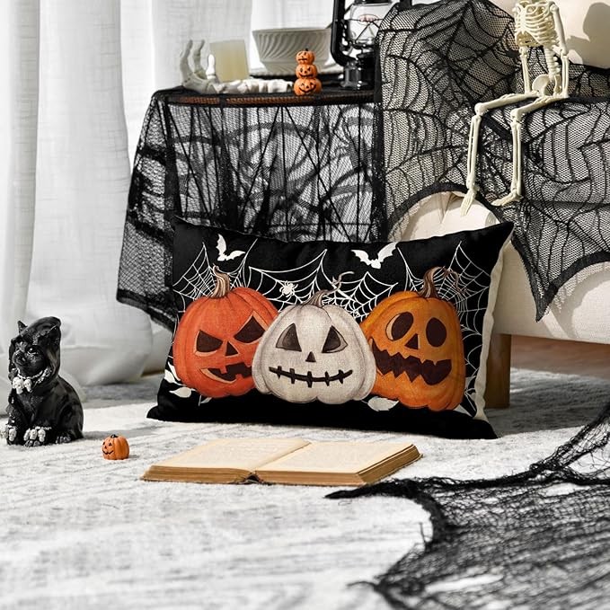AVOIN colorlife Halloween Pumpkin Jack-O'-Lanterns Bat Throw Pillow Cover, 12 x 20 Inch Holiday Farmhouse Black Cushion Case Decoration for Sofa Couch
