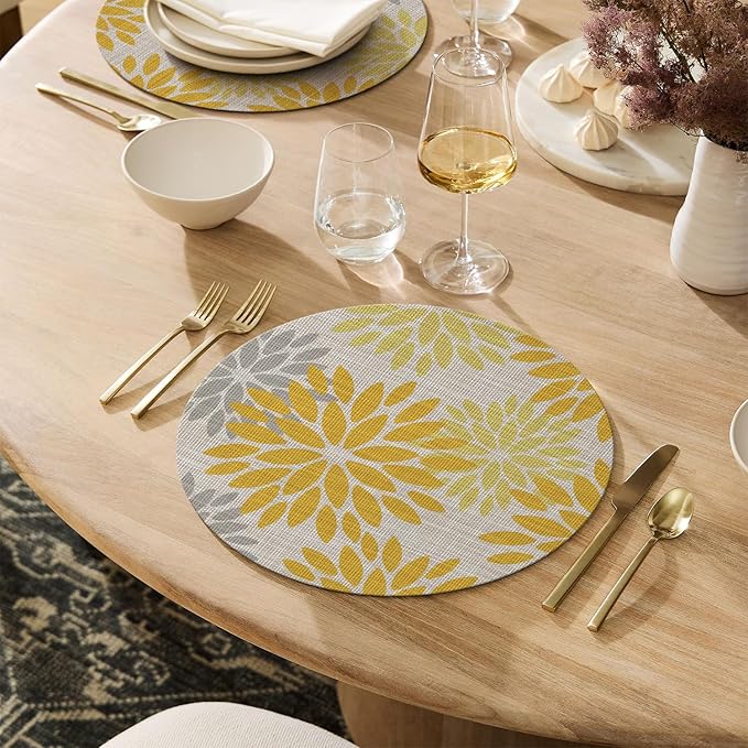 Artoid Mode Yellow Dahlia Plastic Round Placemats Set of 4, 14 Inch Seasonal Wipeable Woven Vinyl Table Mats for Farmhouse Party Kitchen Dining Decor