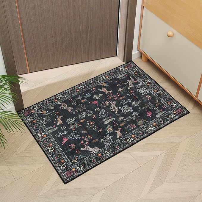 Door Mat Indoor Entrance 2x3 Rug Machine Washable Boho Floral Animal Small Area Rug Non-Slip Low Pile Throw Rugs for Entryway, Kitchen, Front Door Indoor Entrance, Entry, Kids Room (Green)