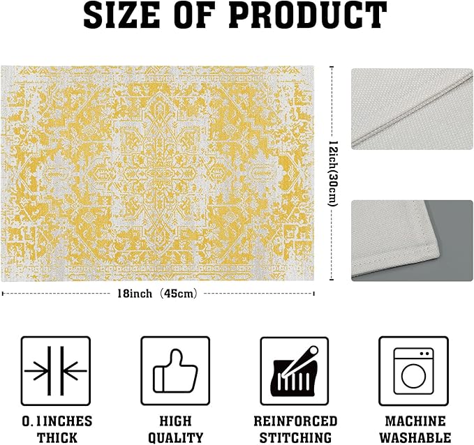 Gray Yellow Boho Placemats Set of 4 Ethnic Bohemian Carpet Place Mats Washable Kitchen Dining Vintage Grey Geography Floral Linen Table Mats Stain Heat-Resistant Cloth Tabel for Home Party 12x18 in