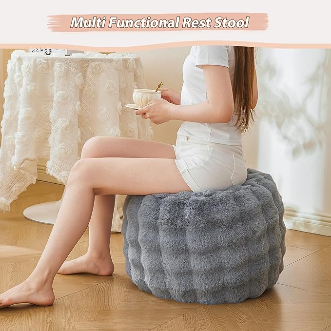 LIFEREVO Faux Rabbit Fur Round Inflatable Pouf Ottoman, 20" X 16" Shaggy Waffle Bubble Floor Poufs Foot Rest Living Room Bedroom, Furry Pouf Chair Foot Stool Couch Home Decor, Anti-Slip, Light Grey