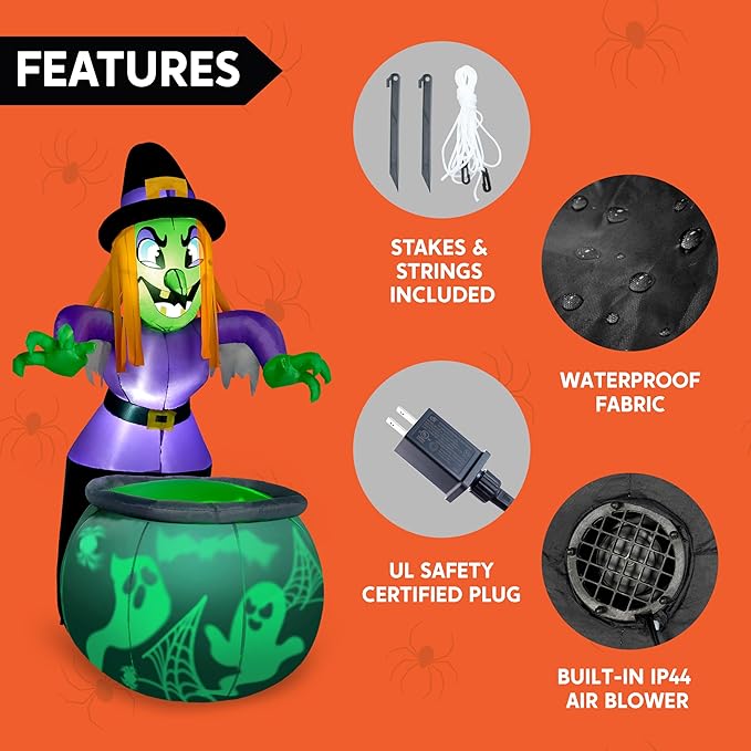 Joiedomi 6 Ft Halloween Inflatable Witch and Cauldron Decoration with Projecting Rotating Green Ghost Light, Inflatable Yard Decor Blow Up with Build-in LEDs for Halloween Party Indoor, Outdoor Decor