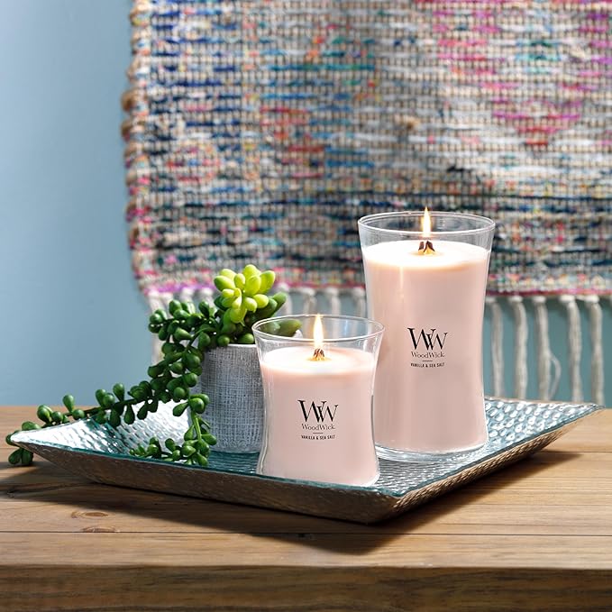 WoodWick Large Hourglass Candle, Vanilla Sea Salt Scented, Premium Soy and Paraffin Wax Blend, Crackles as it burns, Great for gifting, 21oz