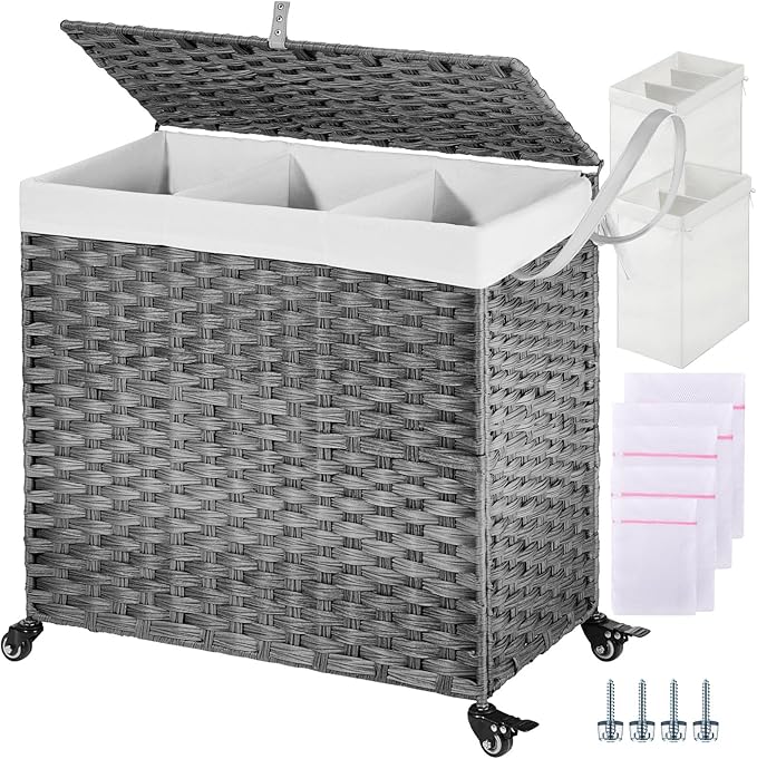 GREENSTELL Laundry Hamper with Wheels&Lid, 130L Large 3 Sections Clothes Hamper with 2 Types Removable Liner Bags, 5 Mesh Laundry Bags, Handwoven Divided Laundry Basket Gray