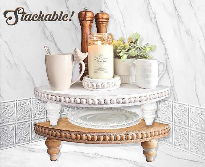 Corner Pedestal Stand Rustic Decor Riser for Display - Farmhouse Wood Rounded Beaded Tray for Kitchen and Bathroom Countertop Organizer, Coffee Bar, Plant Stand with Removable Feet (Rustic White)