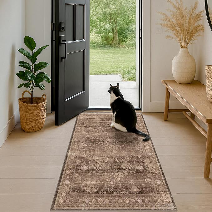 Brown Boho Washable 3x6 Large Kitchen Runner Rug, Indoor Entryway Home Office Floor Rug, Non-Slip Stain & Fade Resistant, Vintage Dark Neutral Floral Decor