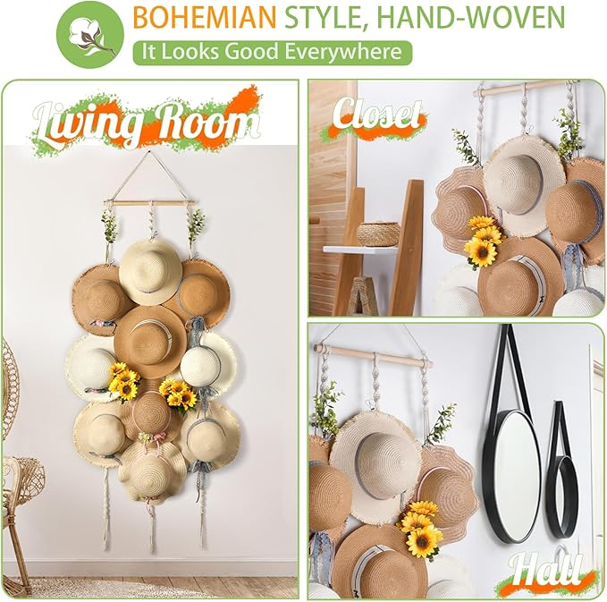 Macrame Hat Hangers for Wall Wide Brimmed Hat Holder Storage 10 Clips Hat Rack Organizer for Wall Display Boho Decor for Fedora Sun Hats Straw Panama Closet Bedroom Gifts for Mom