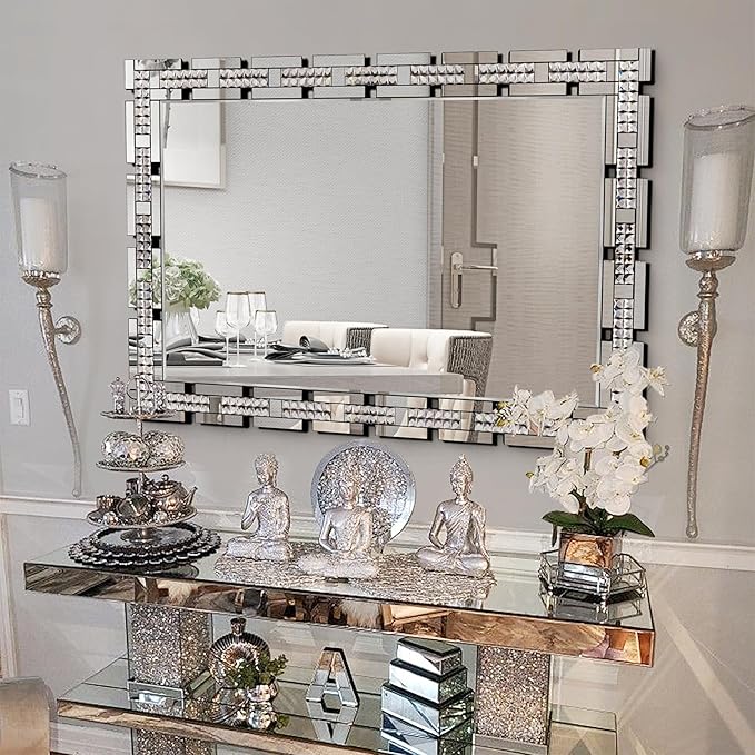 Chende 32" x 47" Large Wall Mirror for Decor, Living Room Decorative Mirror with Crystal, Beveled Edge and Glass Frame, Modern Rectangular Wall Decor Entrance, Fireplace, Home Office