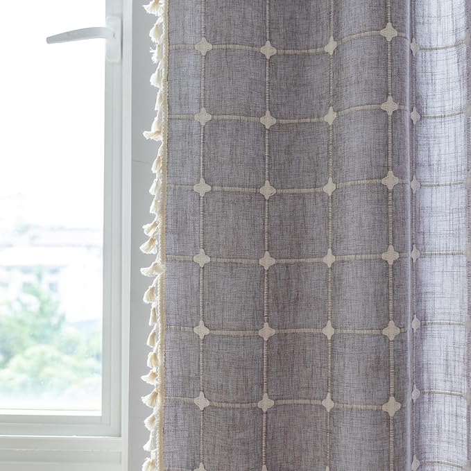 Sutuo Home Boho Curtains for Kitchen Nursery Room 63 Inches Long,Checkered Linen Light Filtering Farmhouse Bohemian Vintage Chic Tassels Window Treatment Drape, 1 Panel 52" W x 63" L, Dark Grey Plaids