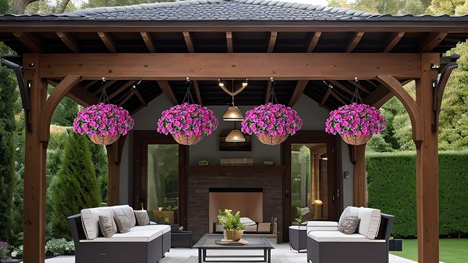 Artificial Hanging Flowers with Basket, Faux Silk Petunias Flower Arrangement, Coconut Lining with Morning Glories Fake Plants Patio Garden Porch Deck Spring Summer Decor(Lotus and Fuchsia)