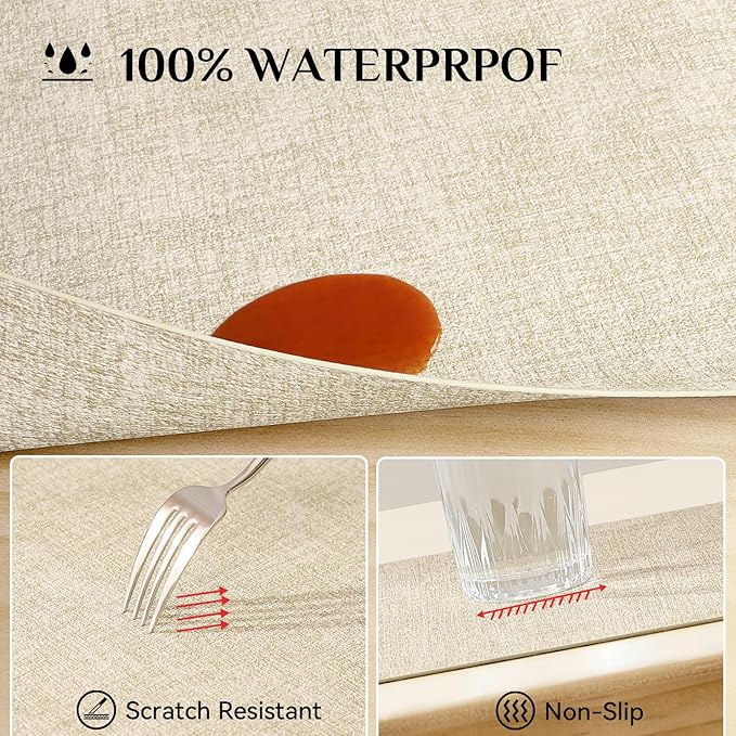 Softalker Faux Leather Placemats Set of 4-Vinyl Heat Resistant Place Mats, 100% Waterproof Oilproof Wipe Clean Table Mats for Indoor & Outdoor Use, 17’’×12’’, Beige
