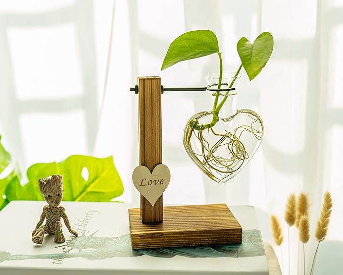 Kingbuy Hydroponic Glass Vase Vintage Desktop Plant Terrarium Planter Bulb Vase Water Planting Propagation Vase Planters Hydroponics Plants with Retro Wooden Stand Home Garden. (D(1 Heart Vase))