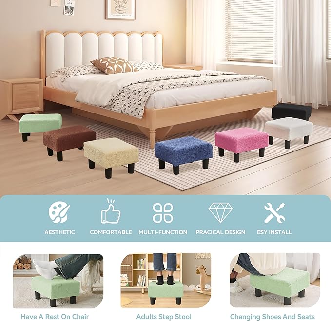 BRIAN & DANY Small Foot Stool Ottoman, Footstool with Legs, Teddy Velvet Foot Rest for Living Room, Bedroom and Office, Green
