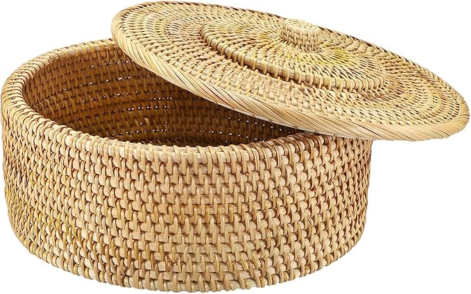 Hipiwe Round Rattan Boxes with Lid Woven Wicker Storage Basket Bin Decorative Shelf Baskets Multi-Purpose Household Organizer Lidded Basket for Storage Rattan Box, 11.9 x6 inch