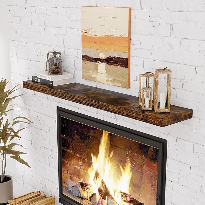 55 Inch Brown Floating Shelves, 9.3 Inch Deep Wall Mounted Floating Shelf, 55 x 9.3 Large Storage Wall Shelf for Living Room, Floating TV Stand, Farmhouse Rustic 55" Long Fireplace Mantel