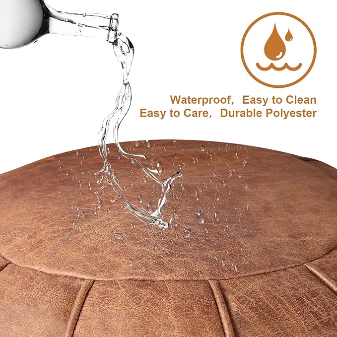 Louis Donné Unstuffed Moroccan Ottoman Pouf Cover, Waterproof Handmade Faux Decor Storage Solution for Kids Toy, Footstool Pouffe Cover Replacement Balcony Indoor 21dia Chestnut Brown, ONLY Cover