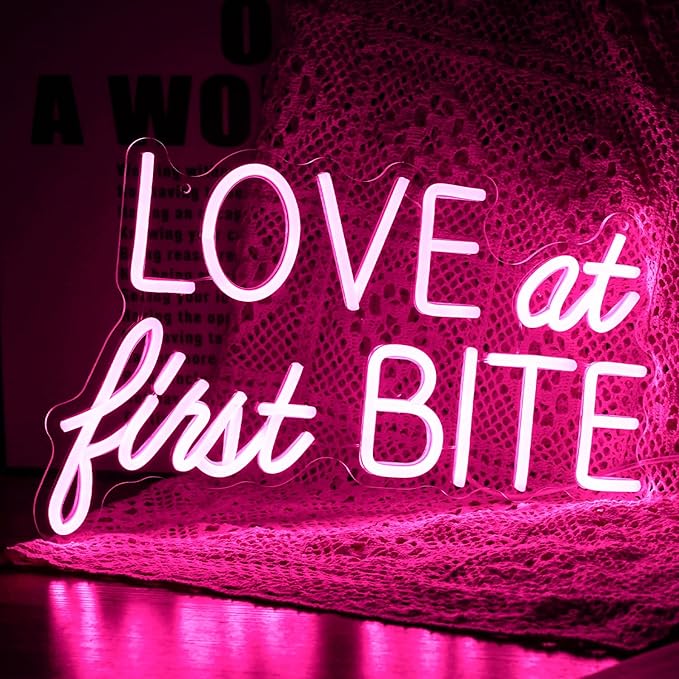 Love At First Bite Neon Sign Led Pink Words Neon Light Sign Wall Art Neon Light For Wedding Light Up Sign For bedroom Bar Pub Party 15.7"X10.2")