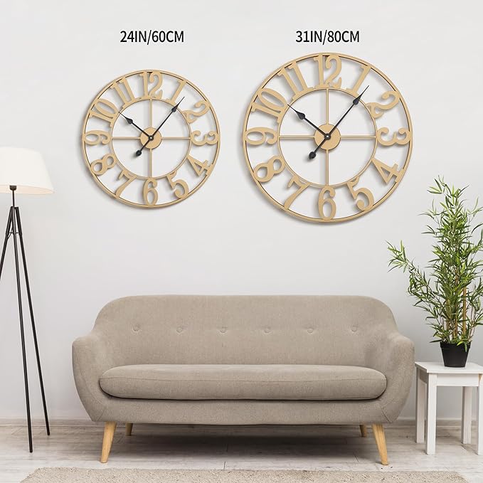 LEIKE 31 Inch Extra Large Wall Clock - Retro Decorative Oversized Farmhouse Arabic Numerals Silent Little Ticking Battery Operated Gold Metal Wall Clocks for Living Room,Office,Entrance Decor