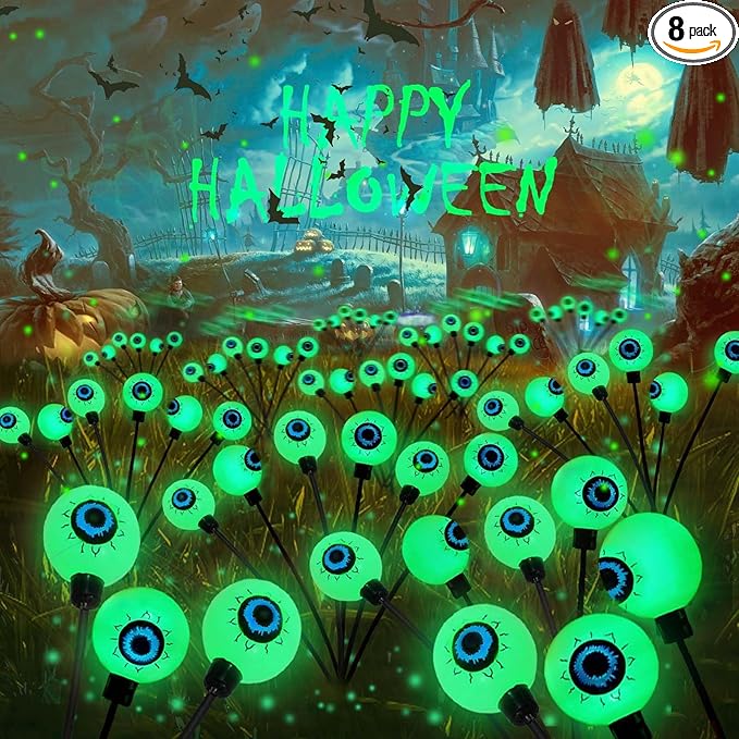 8Pack 48LED Green Solar Halloween Eyeball Lights Outdoor, Solar Garden Lights Outdoor Waterproof, Firefly Light Swaying by Wind with 2 Modes for Pathway Patio Yard Garden Halloween Decorations