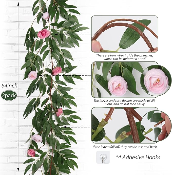 RECUTMS Artificial Hanging Willow Leaves Vine Twigs Whit Roses Flower 2Pc 5.7Ft Faux Ivy Plant Silk Green Leaf Rose Floral Garland Greenery Indoor Outdoor Wedding Jungle Birthday Party Garden Decor