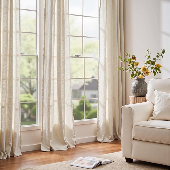 jinchan Ecru Linen Blend Curtains 108 Inches Length for Living Room Farmhouse Rod Pocket Back Tab Light Light Filtering Lightweight Curtains for Bedroom Ivory Drapes 4 Panels