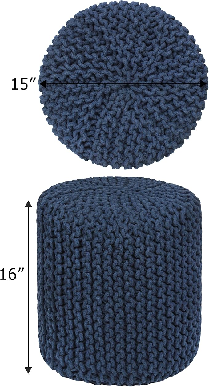 COTTON CRAFT Braided Round Pouf - Hand Knitted Cotton Cord Cable Dori Cylindrical Ottoman - Foot Stool - Floor Pouf - Footrest - Accent Seat - Living Room Bedroom Dorm Décor - 15 Round x 16 H - Blue
