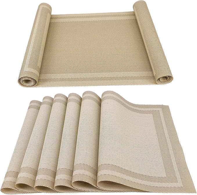 Placemats with Table Runner Set Place Mats, Woven Crossweave Vinyl Kitchen Tablemat, Washable PVC Vinyl Table Mats for Dining Table, Parties, Farmhouse, Thanksgiving, Christmas & Gathering (Gold)