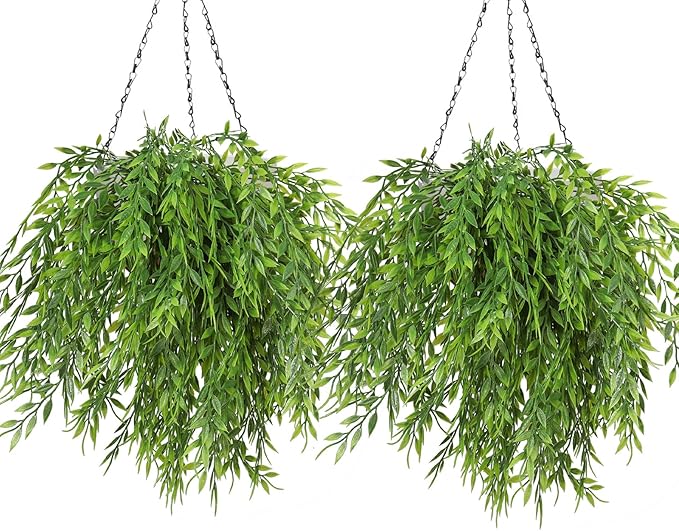 Artificial Weeping Willow 6Pcs, Plastic Plants Greenery Leaves Twig Fake Hanging Vine Faux Ivy Garland UV Resistant for Indoor Outdoor Home Garden Wall Baskets Wedding Party Table Planter Filler Decor
