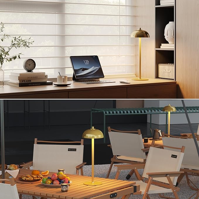 2 Pack Cordless Table Lamp, 5000mAh Portable Rechargeable Table Lamp, 3 Color Modes Stepless Dimming Table Light with Memory Function, for Dinner, Patio, Home, Restaurant.(Brushed Gold)