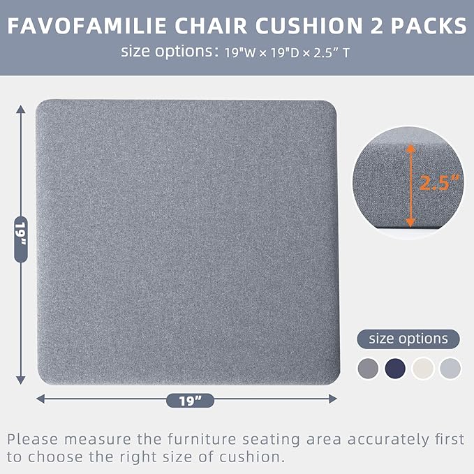 Outdoor Chair Cushions 19 x 19 x 2.5 Inch Set of 2, Water-Resistant & Fadeness Durable Patio Furniture Cushion for Garden Sofa Couch Chairs, Portable Comfort with Attach Ties, Light Grey