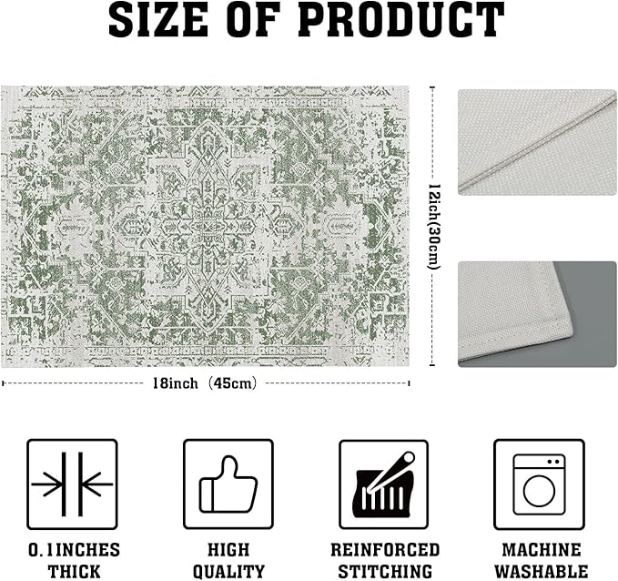 Gray Sage Green Boho Placemats Set of 4 Ethnic Bohemian Carpet Place Mats Washable Kitchen Dining Vintage Grey Geography Floral Linen Table Mats Stain Heat-Resistant for Home Party Indoor 12x18 in