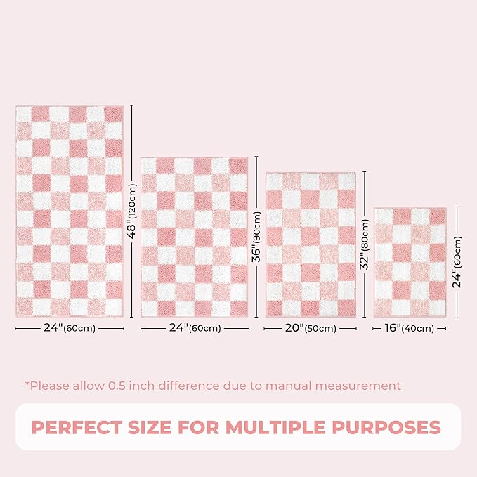 GRANNY SAYS Checkered Pink Bathroom Rugs, 48" x 24", Fluffy Rug, Absorbent Microfiber Ultra Soft Bath Mat Washable, Non-Slip Bath Mats for Bathroom, Cute Floor Mat for Tub, Shower, Bedroom